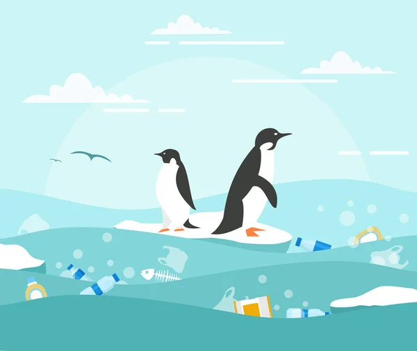 Vector illustration concept of ocean pollution with plastic waste. Penguins on the small piece of ice and lot of waste around in the water. Environmental protection concept in flat style. — Stock Vector