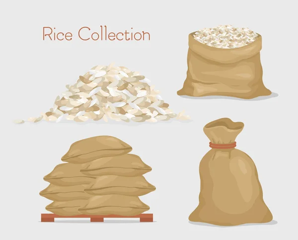 Vektorillustration der Reissammlung. Säcke mit Reis, Verpackung, Reiskörner isoliert auf dem grauen Hintergrund in flachem Stil. — Stockvektor