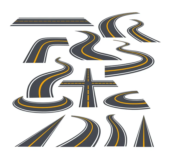 Conjunto de ilustración vectorial de caminos de flexión y autopistas aisladas sobre fondo blanco . — Vector de stock