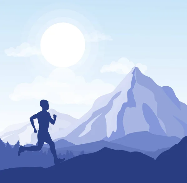 Ilustração vetorial de homem correndo na natureza selvagem montanhas paisagem em silhueta . —  Vetores de Stock