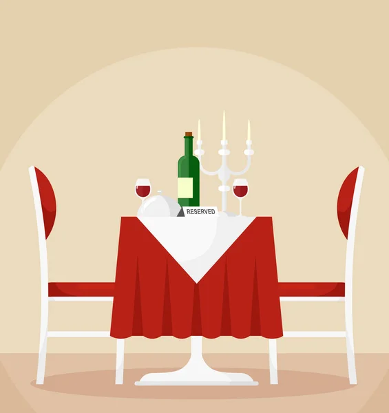 Vektor-Illustration des reservierten Esstisches und Stühle für zwei Personen mit Flasche Wein, Gläsern, Kerzen. romantisches Dinner-Konzept im flachen Cartoon-Stil. — Stockvektor