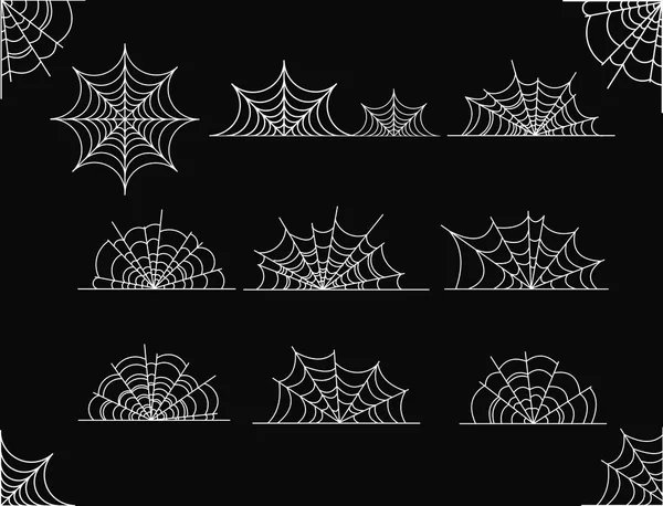 Vektorillustration set med spindelnät av olika former på svart bakgrund. — Stock vektor