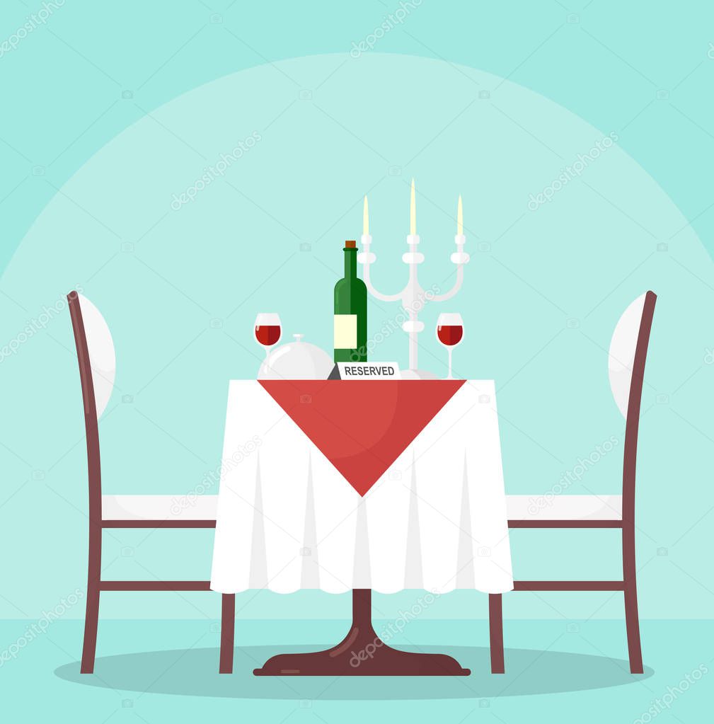 Vector illustration of table in restaurant with bottle and glasses of wine. Reserved table in modern cafe, with tablecloth and candles, chairs in cartoon flat style.