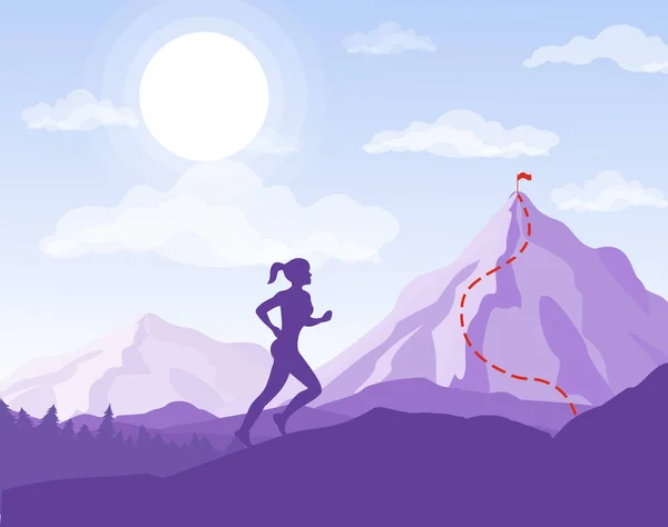 Illustrazione vettoriale della donna che corre fino al punto in montagna. Business concept, giovane donna corsa sulle rocce alla bandiera, silhouette in stile piatto . — Vettoriale Stock