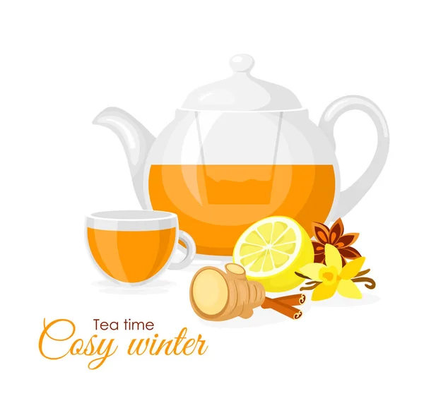 Vector illustration of ginger and lemon cup of tea. Lemon, ginger, vanilla, cup and pot isolated on white background in flat style. Cosy evening concept. — Stock Vector