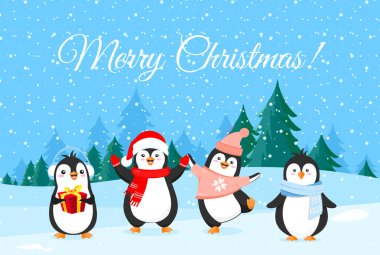 Vektör çizim Noel giysileri sevimli penguenler. Kış tatil afiş, neşeli Noel selamlar. Mutlu ve komik penguen kış orman arka plan üzerinde.