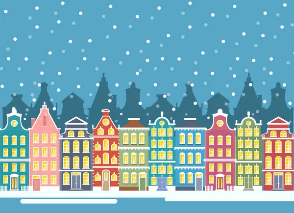 クリスマスの時期に冬市のベクトル イラストの家します。冬都市の風景。アムステルダムの家、baner フラット漫画デザイン. — ストックベクタ