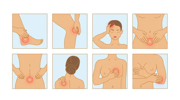 Illustrazione vettoriale serie di tipi di dolore della donna. Personaggi che mostrano diversi tipi di dolore in stile piatto . — Vettoriale Stock