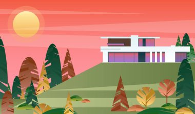 Güzel Modern yazlık vektör Illustration. Ev dış cephe, Villa ormanın içinde doğa manzara günbatımı ve bina ile. Düz çizgi film tarzı yatay Banner.