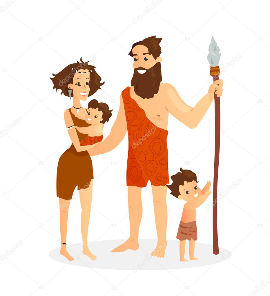 Vector illustration of cavemen family. Stone age people, pretty ancient woman with baby, ancient man and boy standing together, cartoon flat style family isolated on white background.