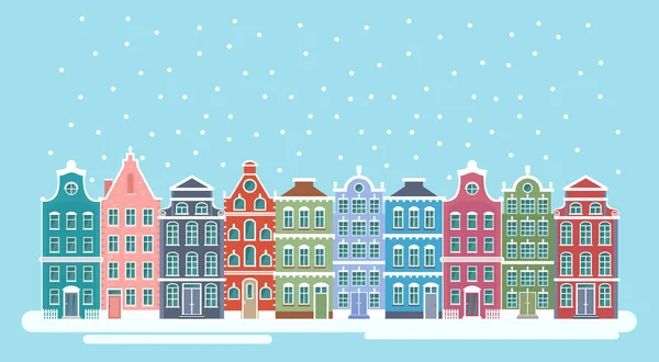 かわいい雪の降るクリスマス町市パノラマけど明るいのベクトル イラストを収容します。冬クリスマス背景、アムステルダムの家、bunners、フラット スタイルでグリーティング カードの背景. — ストックベクタ