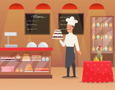 Vektör çizim bir iç fırın adam fırıncı kek elinde Şef karakter ile. Üniformalı, Şef Cafe, beyaz şapkalı erkek restoran. Pastane dükkanı arka plan düz çok tatlılar