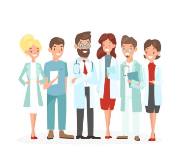 Doktorlar takım vektör Illustration. Cerrah, mutlu hastane sağlık personeli ekip erkek ve kadın doktorlar, hemşireler ve düz çizgi film tarzı beyaz arka plan üzerinde yakışıklı doktorlar izole.