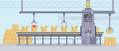 Akıllı makine üretim konveyör bant ile çalışma ile üretim iç vektör Illustration. Endüstri kavramı düz çizgi film tarzı.