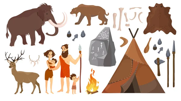 Ilustración vectorial de personas en edad de piedra con elementos para la vida, herramientas de caza. Primitiva familia gente neandertal - hombre, mujer y niños, mamut y ciervos, tigre en estilo plano de dibujos animados aislado en — Archivo Imágenes Vectoriales