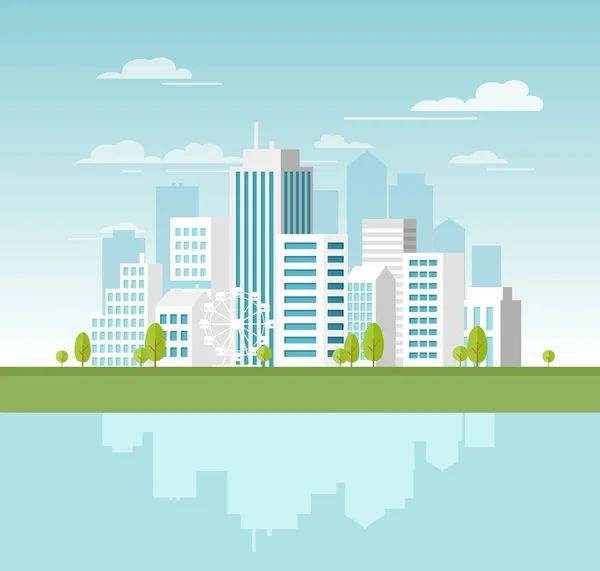 Ilustración vectorial del paisaje urbano moderno con rascacielos blancos y grandes edificios. Plantilla de sitio web conceptual para el diseño de banners en estilo plano . — Vector de stock