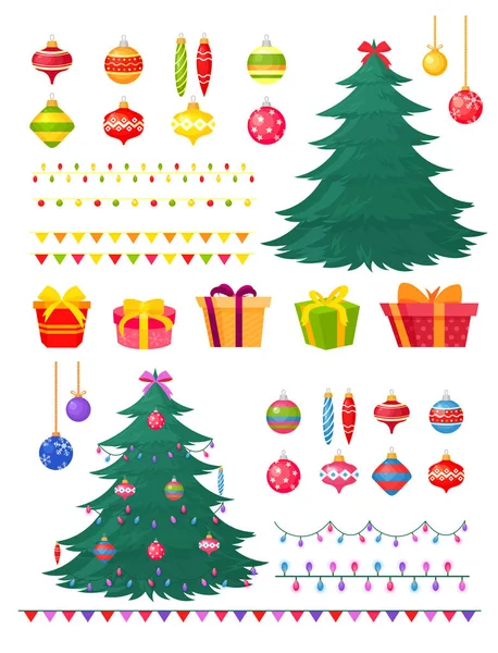 Vector illustration set of Christmas tree with decorations and gift boxes. Winter decore - toys, garlands, balls, xmas trees isolated on white background for creation your design christmas tree. Flat — Stock Vector