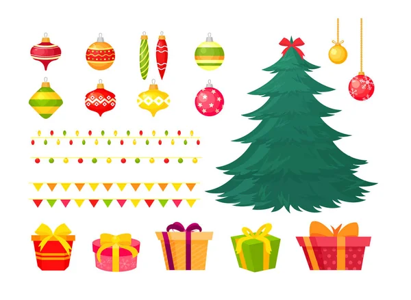 Векторная иллюстрация елки с различными украшениями и подарками на белом фоне. Концепция зимних праздников с мячами, огнями, декором для сосульки в стиле плоского мультфильма . — стоковый вектор