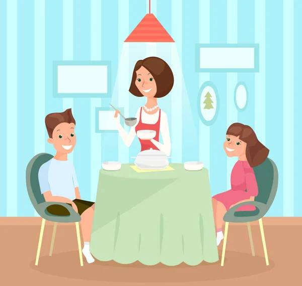 가족 식사의 벡터 그림입니다. 어머니 부 어린이 수프의 요리, 아들과 딸이 함께 테이블에 앉아서 점심 식사. 행복 한 소녀와 소년, 여동생과 평면에서 엄마와 동생 — 스톡 벡터