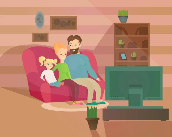 Vektorillustration av glad familj kvällen. Mamma, Pappa och barn titta på TV sitter i soffan hemma, mysig inredning i platta tecknad stil. — Stock vektor