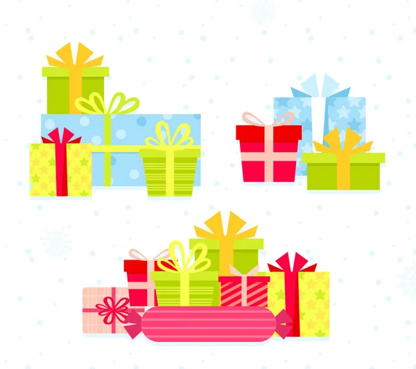 Conjunto de ilustración vectorial de diferentes cajas de regalo de colores. Diseño de dibujos animados planos presentan cajas con arcos en colores brillantes. Colección de regalos de Navidad, regalos de cumpleaños . — Archivo Imágenes Vectoriales