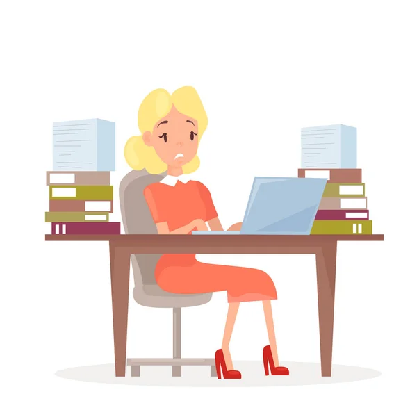 Illustration vectorielle d'une femme d'affaires au bureau avec ordinateur portable et beaucoup de papiers. Femme au bureau stressée. Gestionnaire fatigué et travaillant sur ordinateur, fille stressée dans le style plat de dessin animé . — Image vectorielle