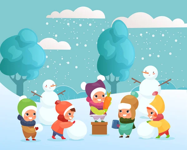 Vector illustration of happy funny and cute kids playing with snow, making snowman outside. children playing, winter holidays concept in flat cartoon style. — Stock Vector