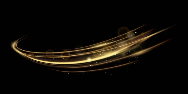 Ilustração vetorial de luzes dínicas douradas efeito linze isolado no fundo de cor preta. Antecedentes abstratos para o conceito de ciência, futurista e tecnologia energética. Linhas de imagem digital com luz — Vetor de Stock