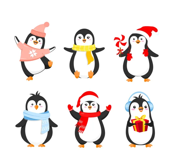 Vektorové ilustrace sada vtipné vánoční tučňáci v teplé oblečení. Roztomilé tučňáky kolekce na zimní svátky pohlednice design v kreslené plochý izolovaných na bílém pozadí. — Stockový vektor