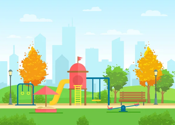 Illustrazione vettoriale del parco pubblico cittadino con parco giochi per bambini e paesaggio urbano sullo sfondo in stile fumetto piatto . — Vettoriale Stock
