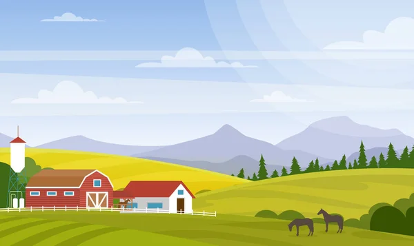 Ilustração vetorial da paisagem rural. Lindo campo com fazenda e cavalos em campos, casa e montanhas para o desenvolvimento de web design, fundo natural em estilo plano de desenhos animados . — Vetor de Stock