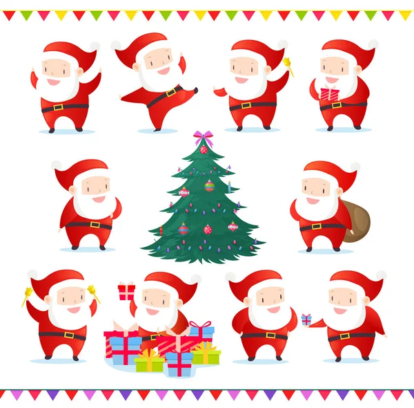 Vector illustration set of cute and funny Santas in different poses. Collection of Santa Claus and Christmas tree with decorations. Happy New Year. Merry Christmas set in cartoon flat style. — Stock Vector