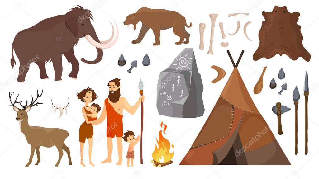 Vector illustration of stone age people with elements for life, hunting tools. Primitive Neanderthal people family - man, woman and kids, mammoth and deer, tiger in flat cartoon style isolated on