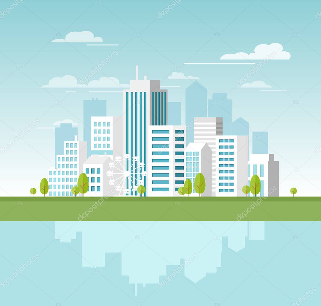 Vector illustration of modern urban landscape with white skyscrapers and big buildings. Concept website template for banner design in flat style.