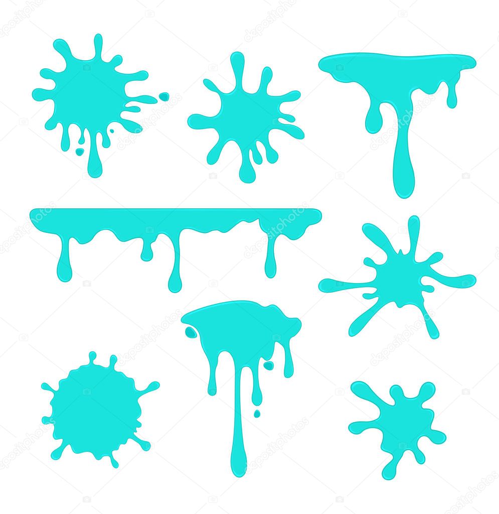 Vector illustration of colorful set of paint spots, splatter. Blue paint splash collection isolated on white background.