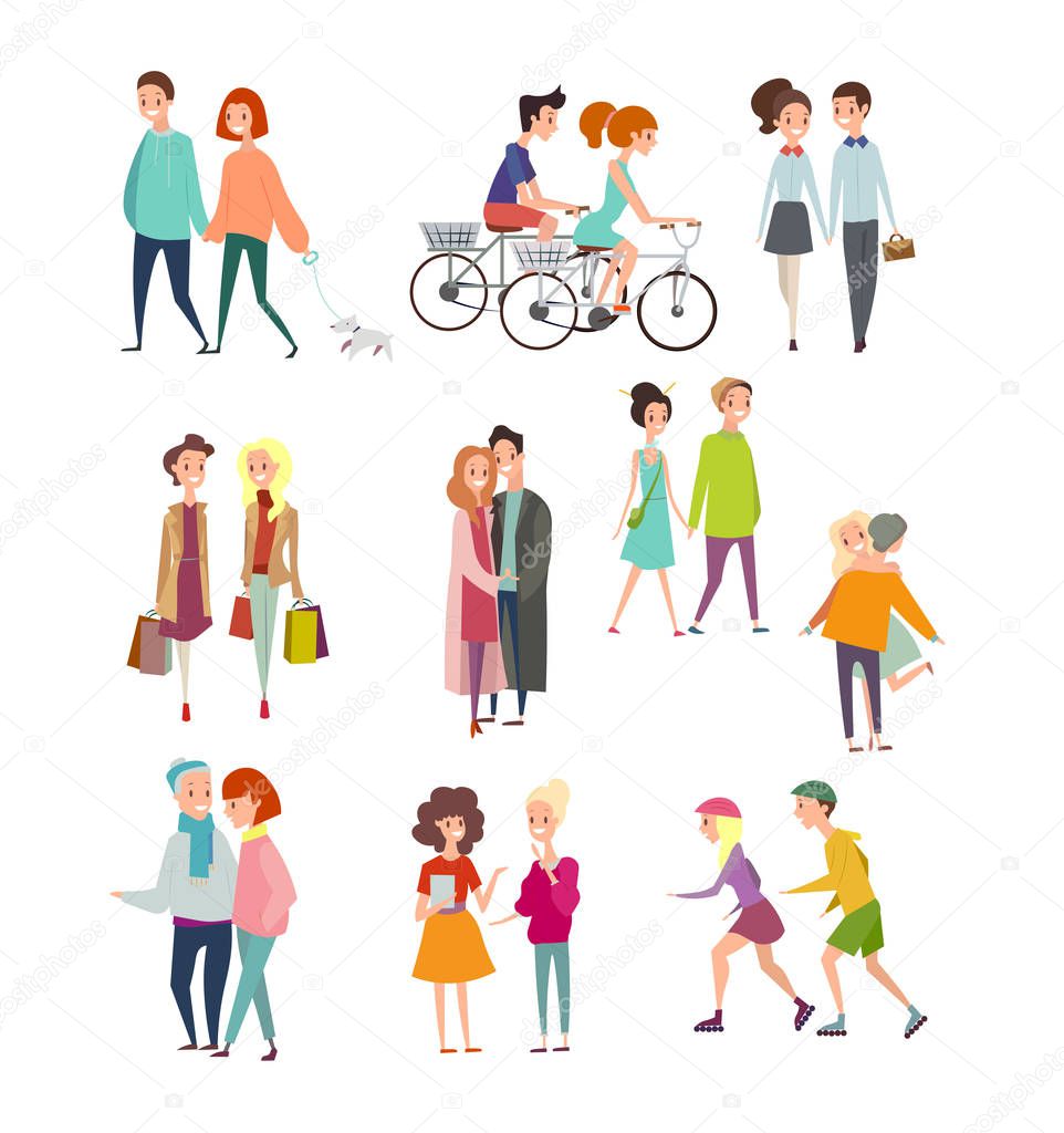 Vector illustration big set of walking and standing people, happy friends, hugging couples, people riding bicycles, walking together or pairs of men and women on date. Colorful characters collection