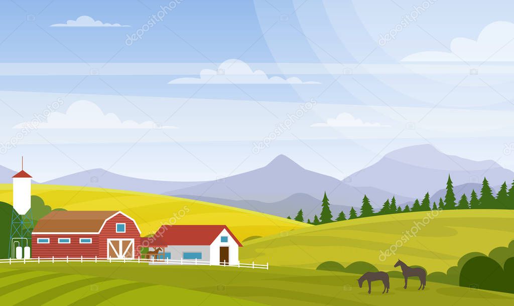 Vector illustration of rural landscape. Beautiful countryside with farm and horses on fields, house and mountains for web design development, natural background in cartoon flat style.