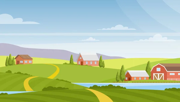 Vector illustration of beautiful rural landscape, farm and fields, river and mountains on background. Countryside concept, nature. Summer rural landscape and pastures in flat cartoon style. — Stock Vector