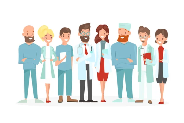Illustrazione vettoriale del team di medici. Felici e sorridenti operatori sanitari isolati su sfondo bianco. Personale ospedaliero in uniforme in stile cartone animato piatto . — Vettoriale Stock