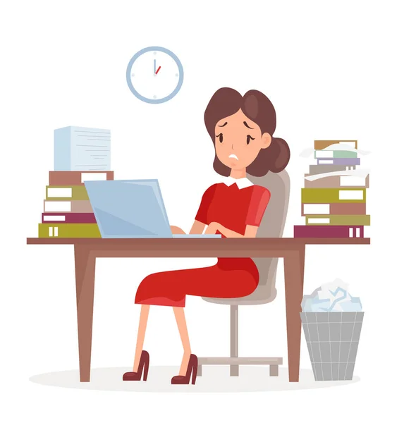 Vector illustration of tired and sed business woman or an accountant in a suit, working on a laptop computer at her office desk with lot of papers and work. Woman worker, deadline, lot of work, oficce — ストックベクタ