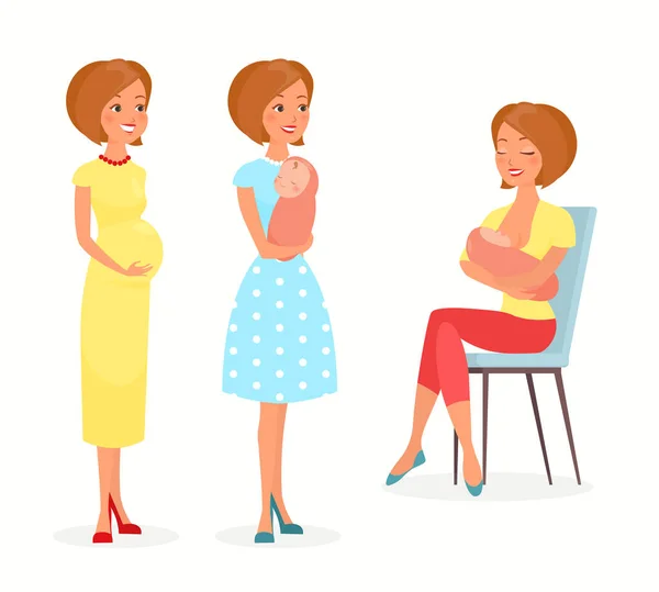 Vector illustration of pregnant woman, woman with a baby and breastfeeding. Mother with a baby, feeds baby with breast. Happy motherhood concept in flat cartoon style. Young mother. — Stock Vector