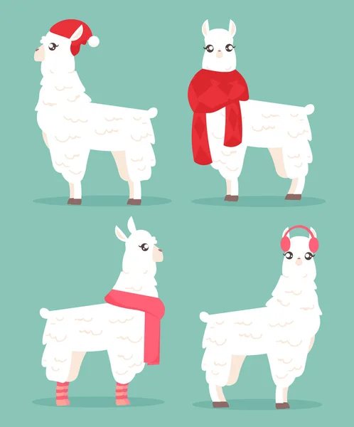 Illustration vectorielle du lama de style hiver. Ensemble de vêtements d'hiver en alpaga. Concept de carte de Noël avec lama en chapeau et écharpe, carte de vœux en dessin animé style plat . — Image vectorielle