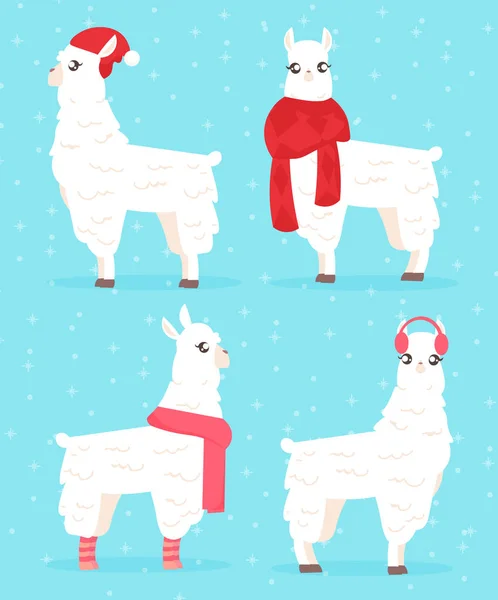 Vektorové ilustrace zimní styl Lama. Alpaka v zimní oblečení v modrém pozadí. Vánoční přání koncept s Lama v čepici a šálu, blahopřání v kreslené plochý. — Stockový vektor
