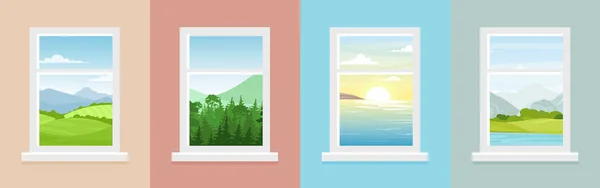 Conjunto de ilustraciones vectoriales de ventanas con diferentes paisajes. Vistas a la ciudad y al mar, bosques y montañas desde las ventanas en estilo plano de dibujos animados . — Archivo Imágenes Vectoriales