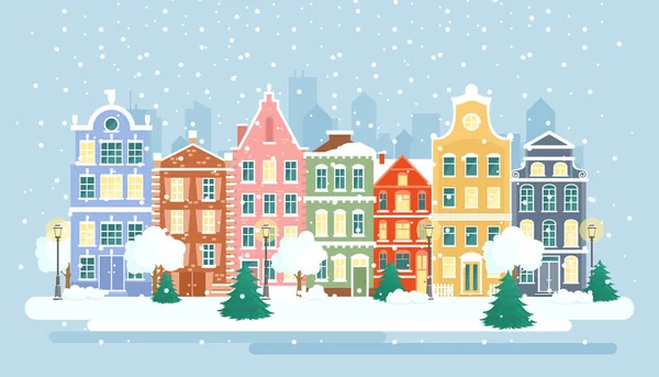 都市の冬の風景のベクター イラストです。グリーティング カードの背景の雪に覆われた通りは。クリスマス カードの概念、フラットな漫画のスタイルのカラフルな明るい家で幸せな休日バナー. — ストックベクタ