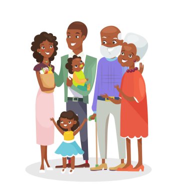 Büyük mutlu aile portresi vektör Illustration. Afro-Amerikan büyükanne ve büyükbaba, ebeveynler ve çocuklar birlikte beyaz arka plan üzerinde izole. Gülümseyen ve mutlu çizgi film aile karakterleri web afiş için