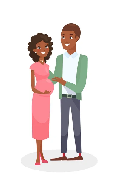 Vektorillustration av African American par. Svarta människor familj par. Mannen och gravid vacker kvinna. Glad ung familj i platta tecknad stil isolerad på vit bakgrund. — Stock vektor
