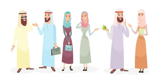 Conjunto de ilustración vectorial de personajes árabes de negocios en diferentes poses. Hombre de negocios árabe y mujer de negocios con ropa tradicional y hablando sobre fondo blanco en estilo plano de dibujos animados . — Vector de stock
