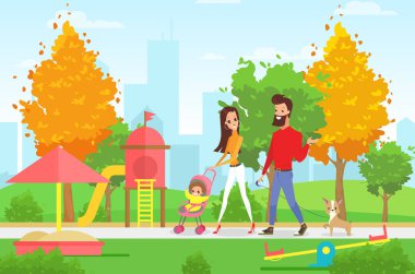 Genç aile vektör çizim karikatür düz stil modern cityscape arka plan ile Bahçesi açık ile parkta yürüyüş bebek ve yürümeye başlayan çocuk ile.