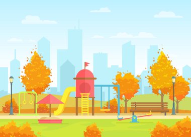 Vector illustration of city public park with kids playground on the modern big city background. Beautiful autumn city park with colorful yellow orange trees in flat cartoon style. clipart